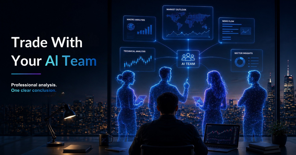Illustration of Zeig's AI team concept, showing multiple AI specialists working together to deliver a single market conclusion for traders. 